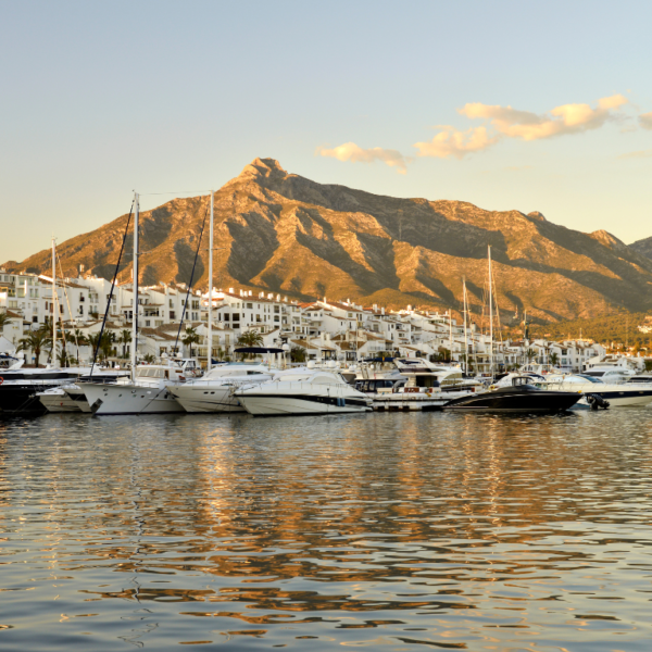 Picture of La concha Mountain in Marbella from the sea, you can also see the harbour