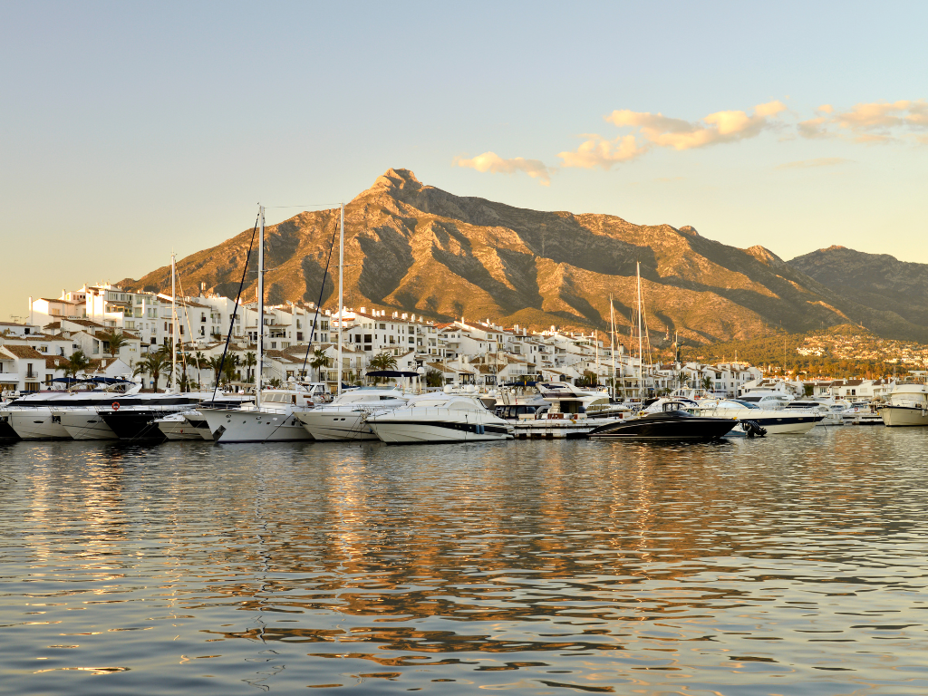 Picture of La concha Mountain in Marbella from the sea, you can also see the harbour